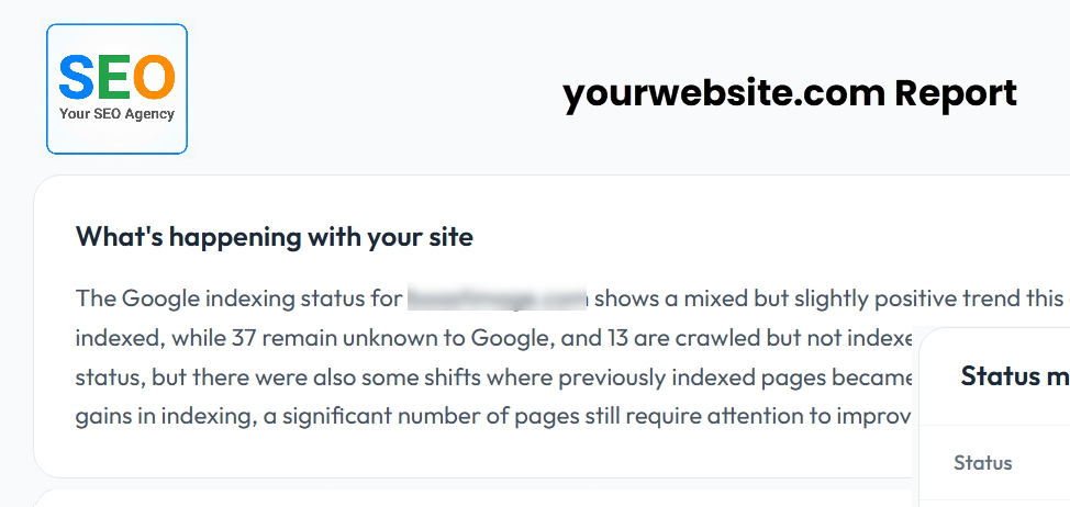 Co-branded client index status report with agency logo and site summary