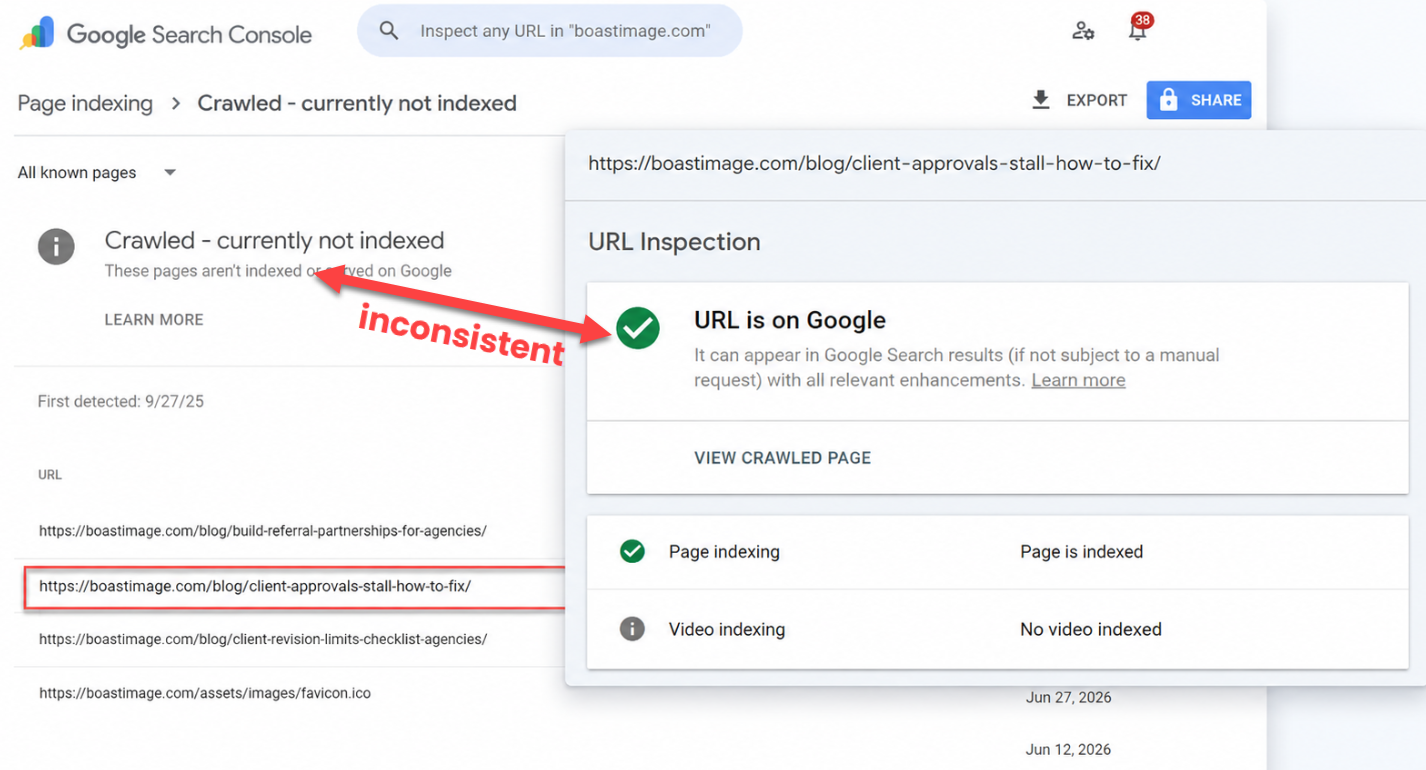 Google Search Console indexing mismatch showing crawled currently not indexed and URL is on Google