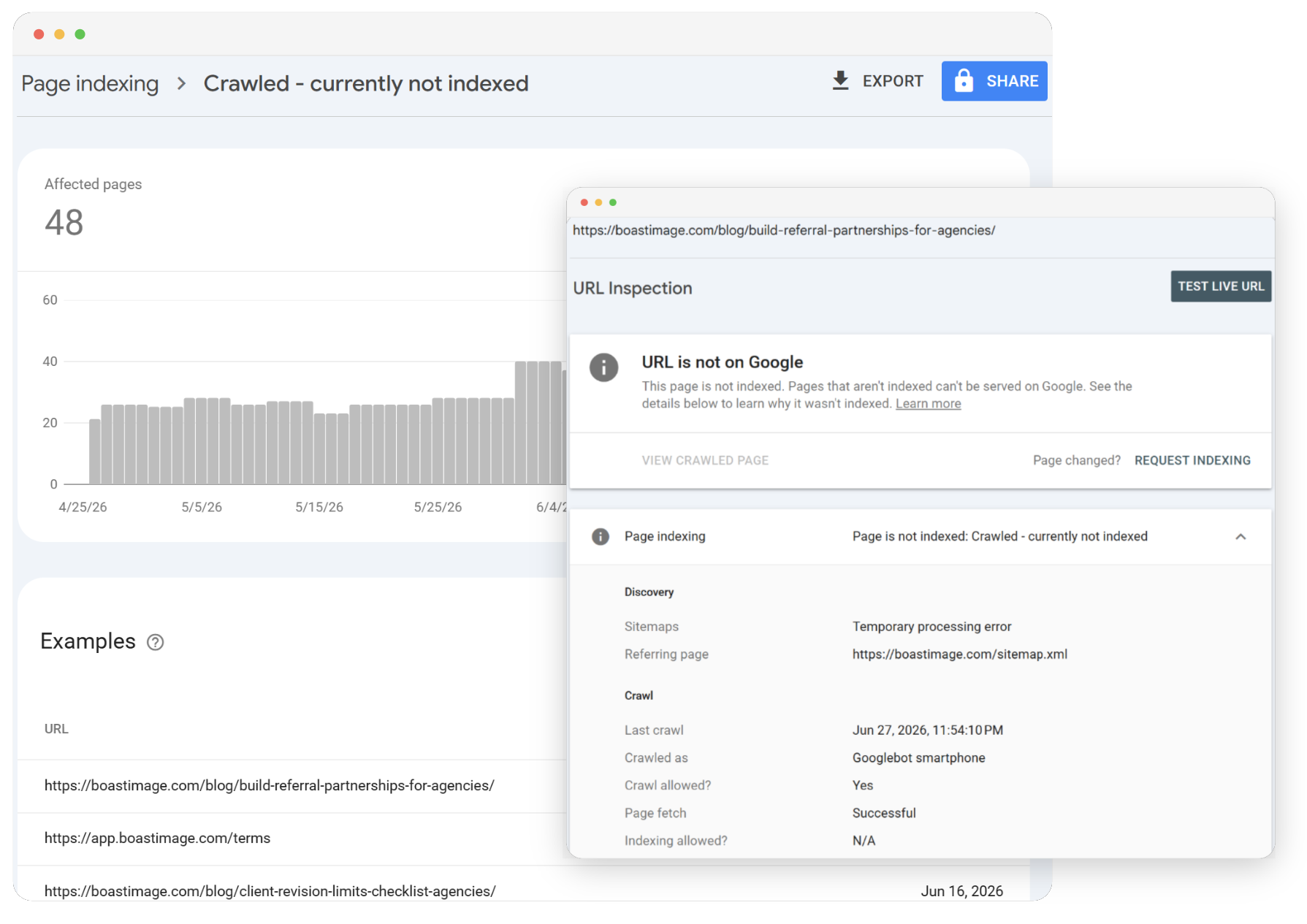 Google Search Console report for crawled but not indexed pages, with an affected URL’s last-crawl and indexing details highlighted.