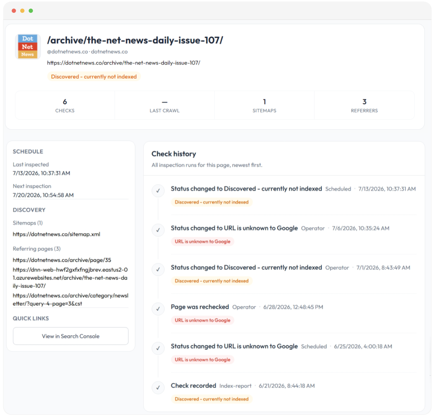 BoastIndex URL detail view with index status, check history, and schedule